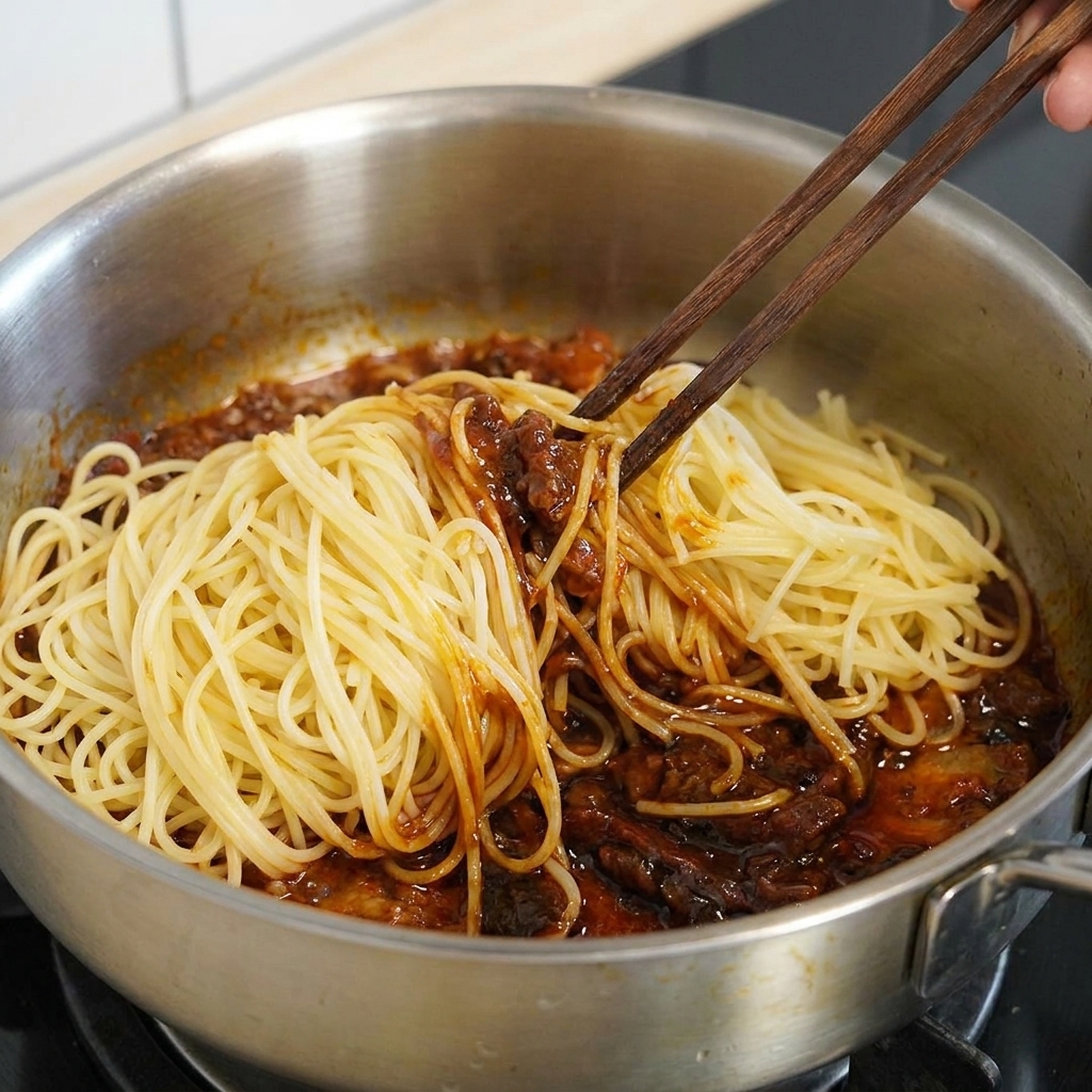 Bacchette di legno che mescolano spaghetti e salsa scura al manzo e pepe nero in una padella.