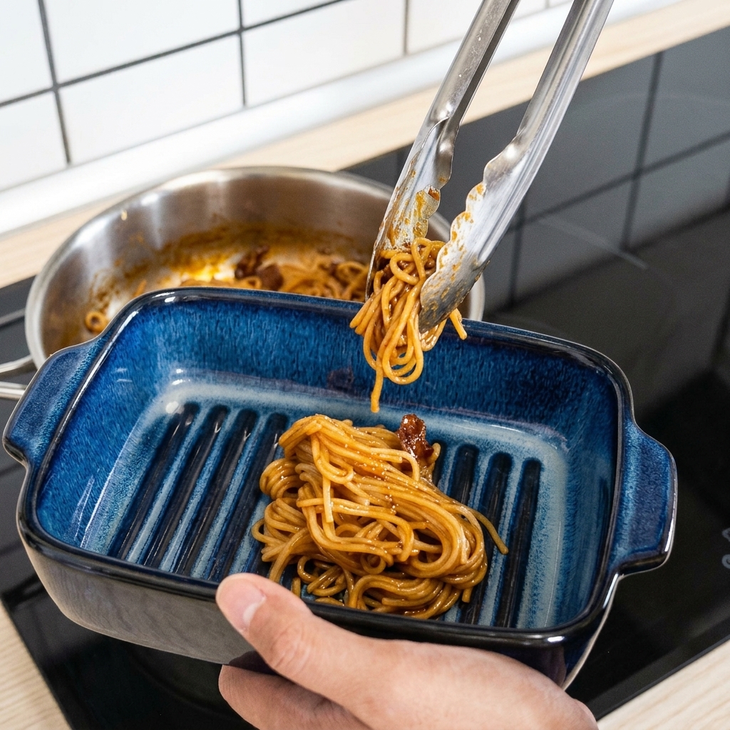 Pinze in metallo che trasferiscono gli spaghetti conditi in una pirofila di ceramica blu scuro.