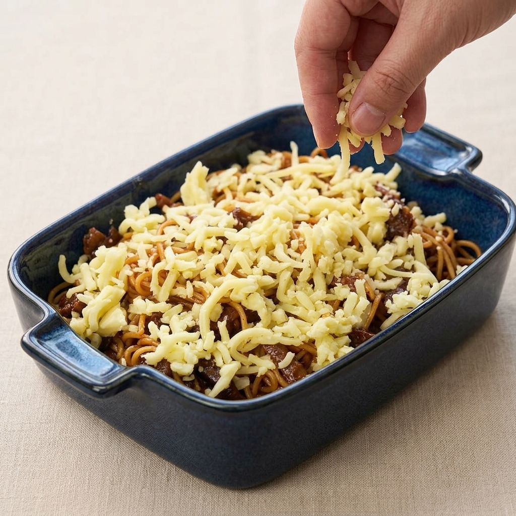 Mano che sparge formaggio grattugiato giallo chiaro sopra la pirofila blu contenente gli spaghetti.