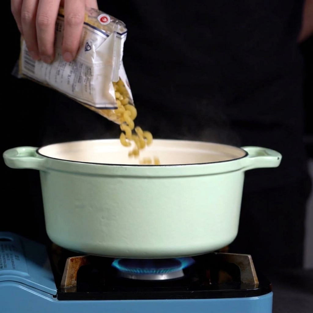 Mani che versano pipette di pasta da un sacchetto in una pentola di acqua bollente.