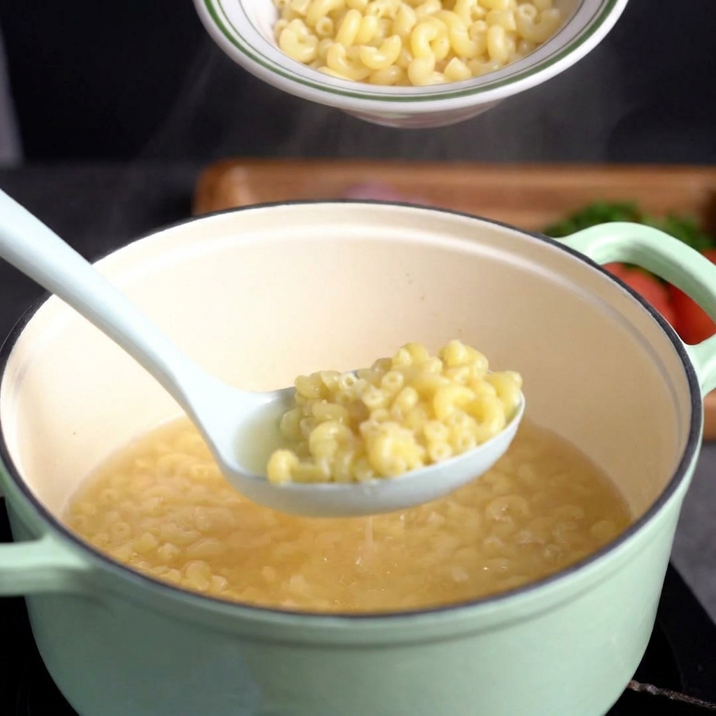 Un mestolo forato bianco che solleva la pasta cotta da una pentola verde chiaro.