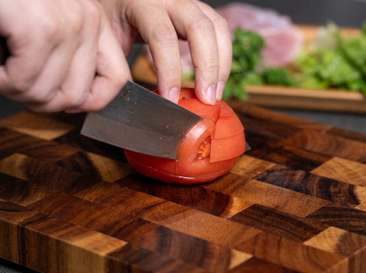 Mani che usano una mannaia per tagliare un pomodoro rosso a cubetti su un tagliere di legno.