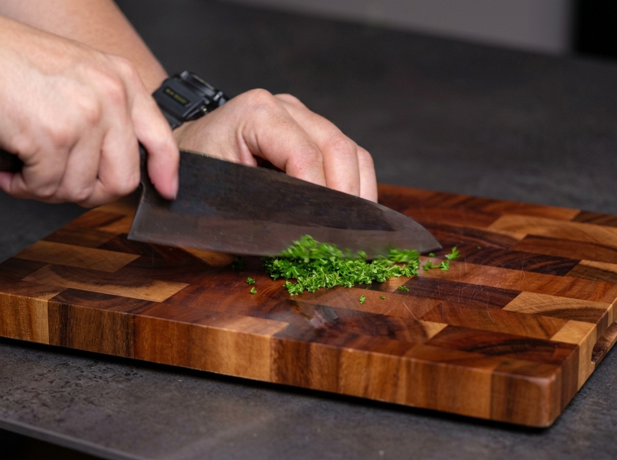Mani che tritano finemente il prezzemolo fresco su un tagliere con un coltello da chef.