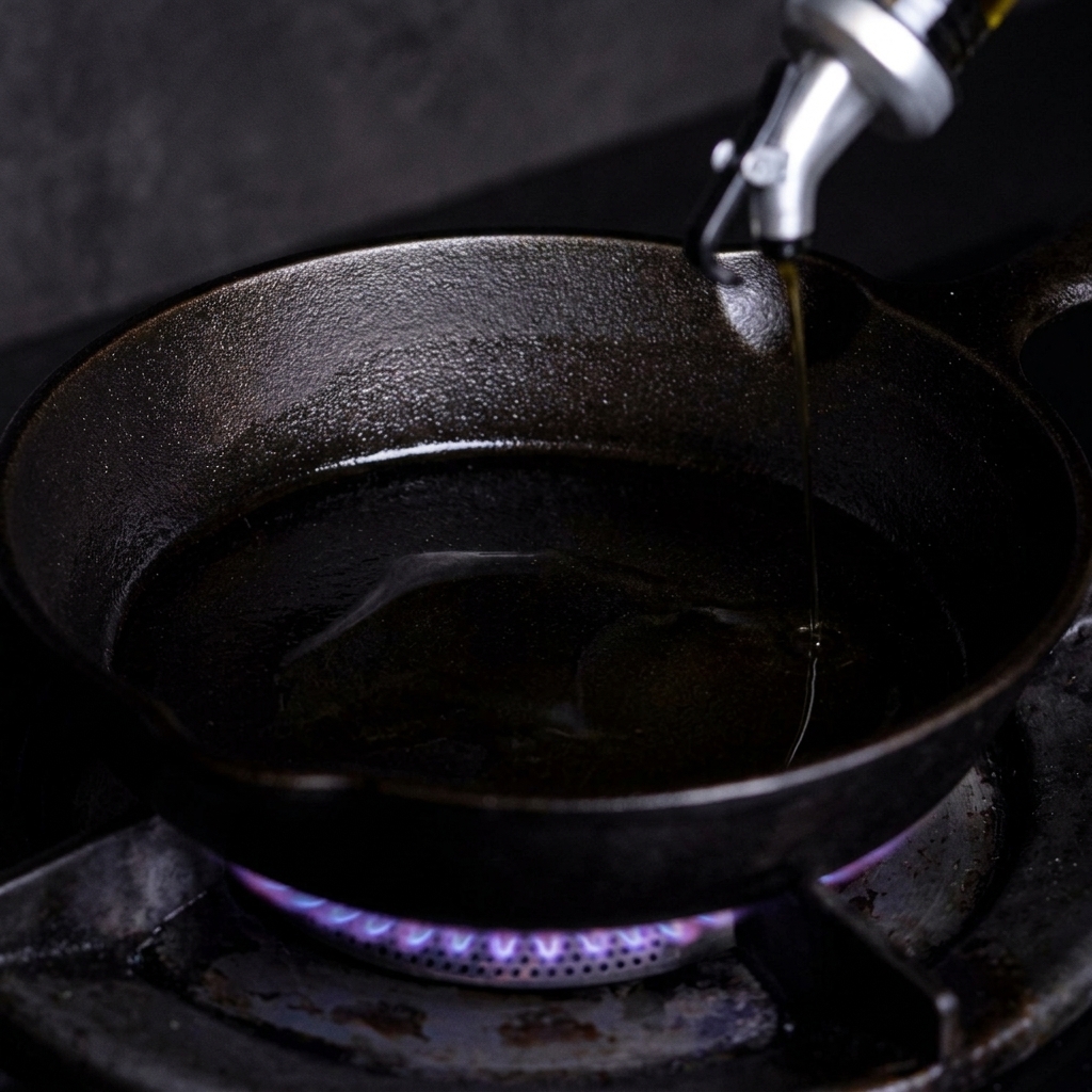 Olio doliva versato da un ampolla in una padella di ghisa calda su fuoco a gas.