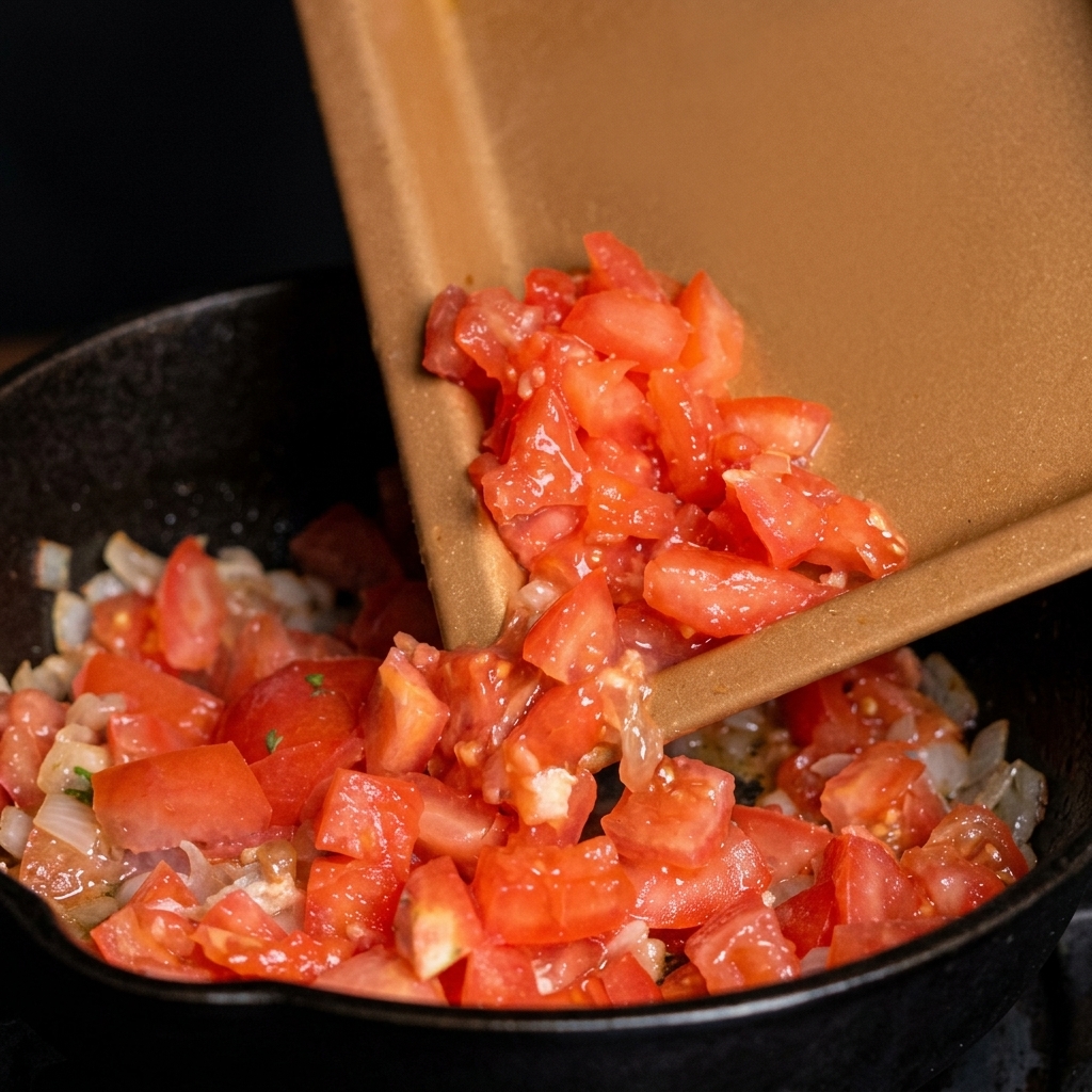 Dadini di pomodoro rosso che scivolano da un vassoio in una padella con carne e cipolle.
