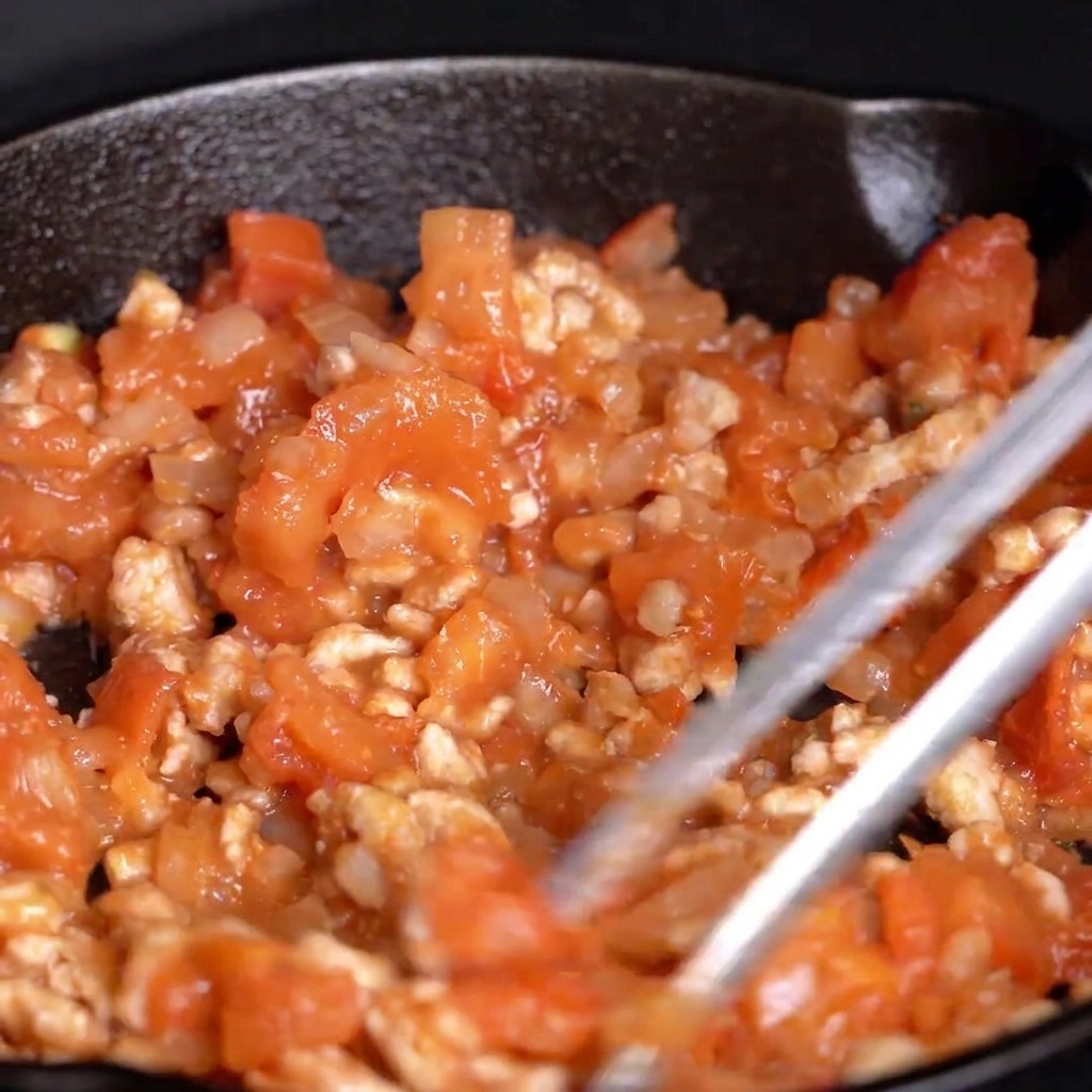 Pinze metalliche che mescolano pomodori, cipolla e carne che sobbollono in padella.