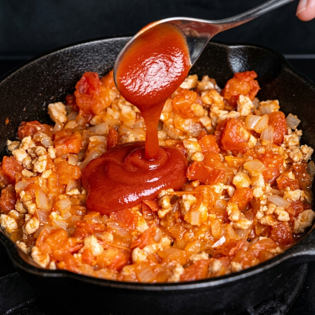 Un cucchiaio di ketchup rosso versato nel sugo di pomodoro e carne in cottura.
