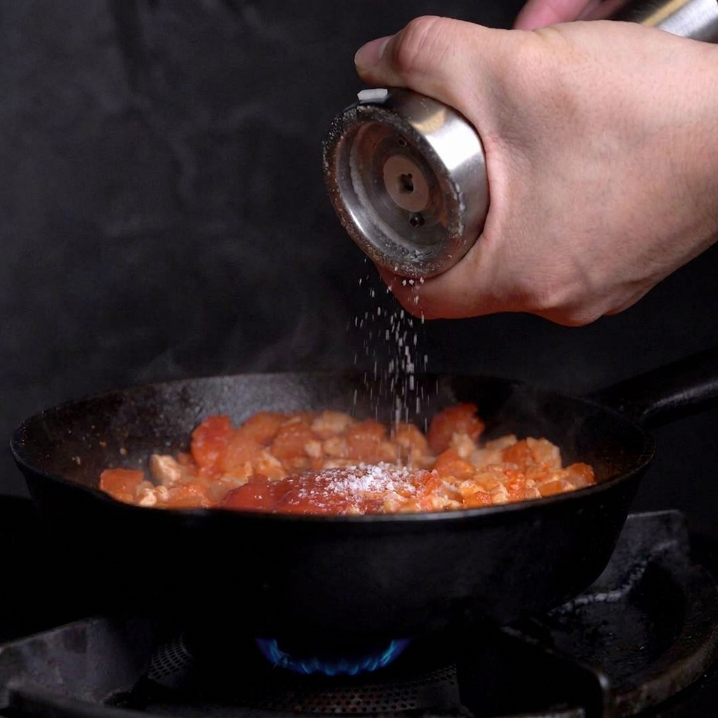 Sale e pepe nero macinato spolverati sopra il sugo di carne e pomodoro in padella.