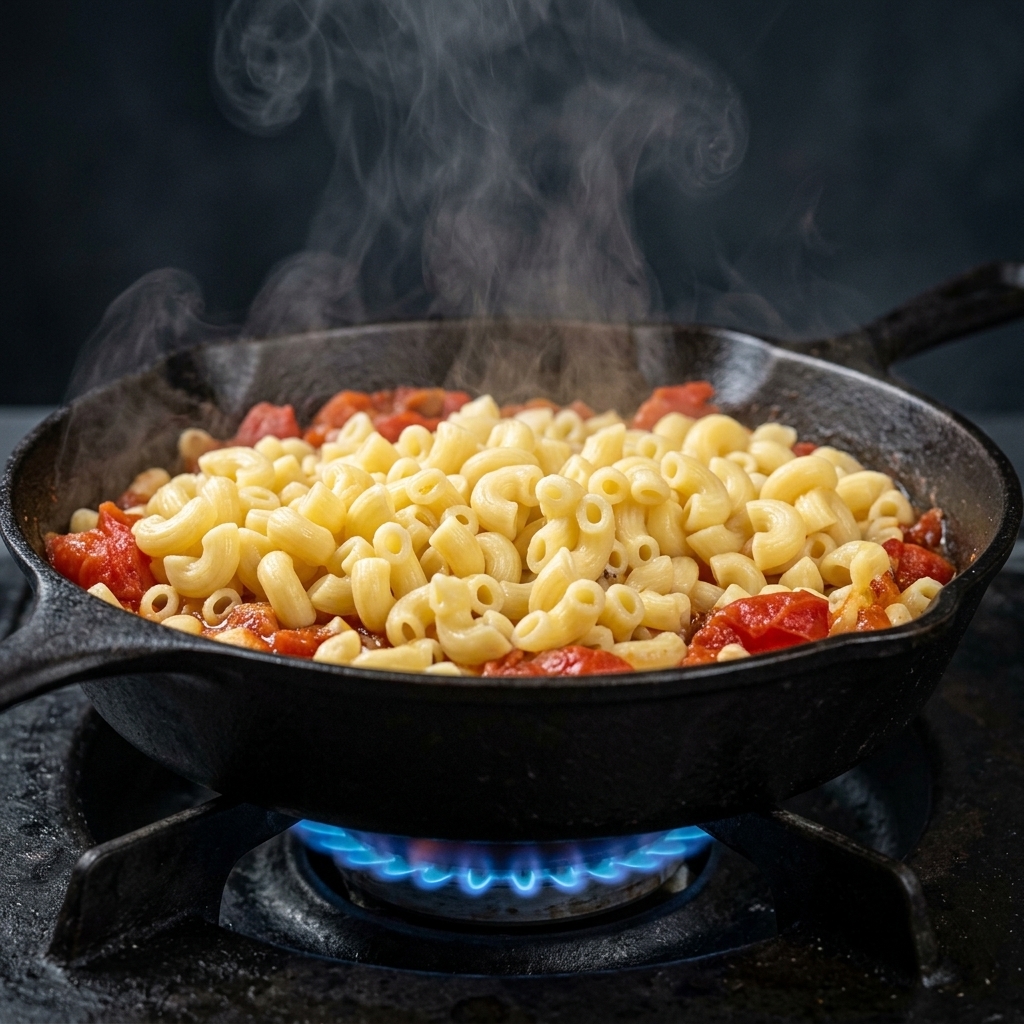Pasta calda fumante versata sopra il ricco sugo di carne in una padella di ghisa nera.