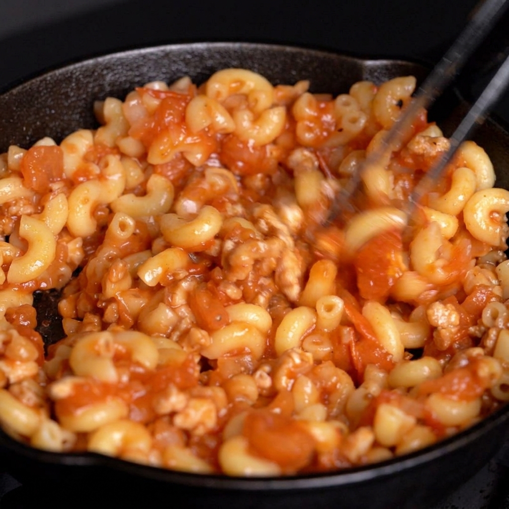 Pinze metalliche che mescolano uniformemente la pasta nel sugo rosso di pomodoro e carne.