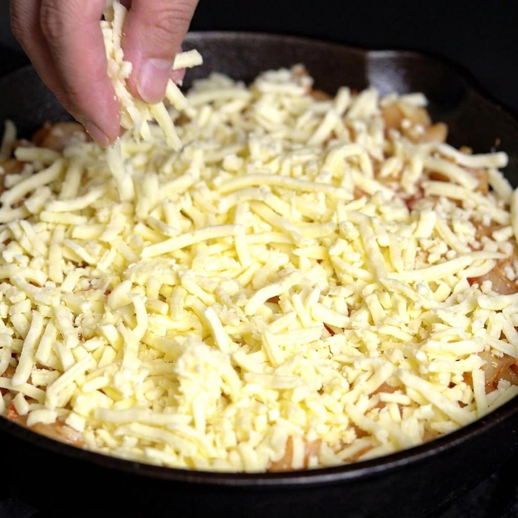 Mano che sparge uno strato generoso di mozzarella grattugiata sopra la pasta condita.
