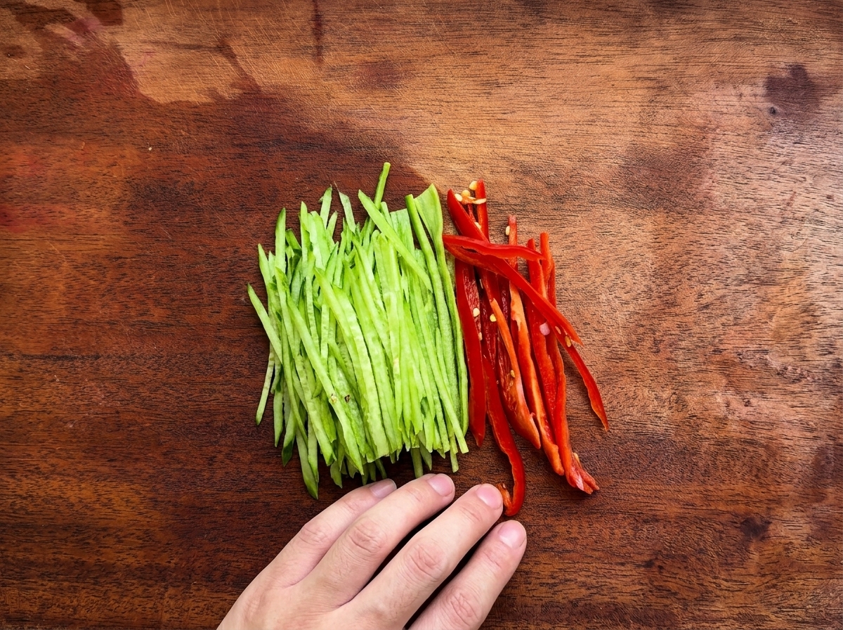 Listarelle di peperone verde e rosso su un tagliere di legno.