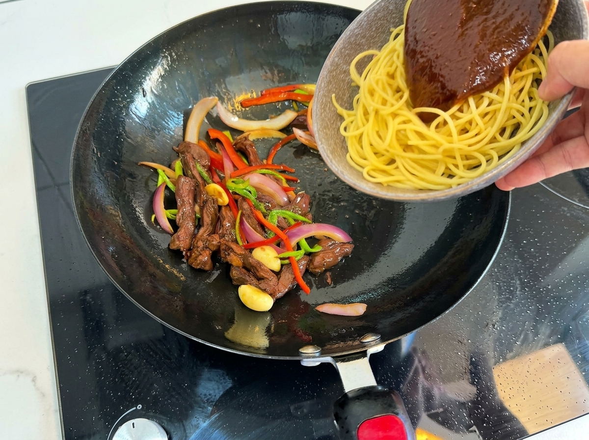 Spaghetti e salsa versati nel wok con manzo e verdure.
