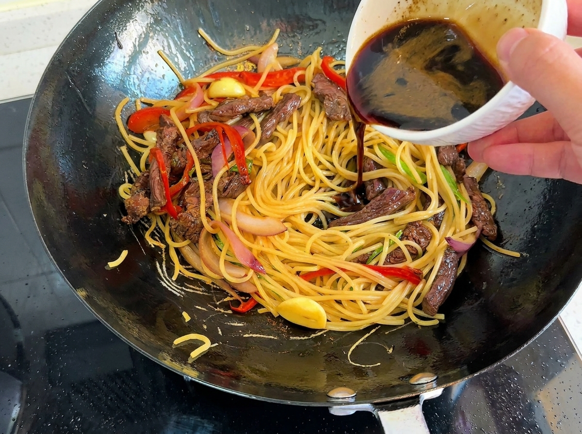 Salsa scura versata da una ciotola sopra gli spaghetti e il manzo nel wok.