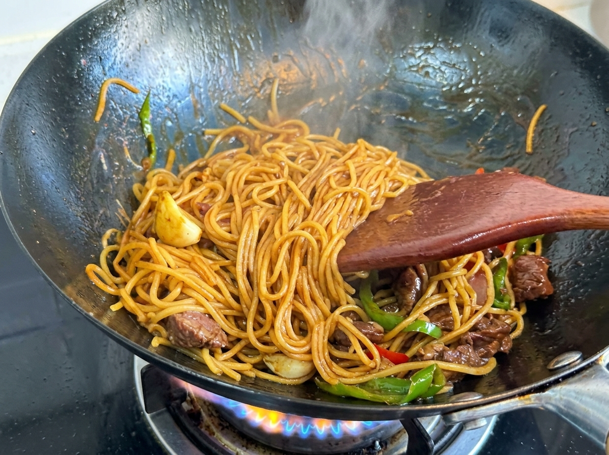Spatola di legno che salta spaghetti e manzo ricoperti da una salsa scura lucida.