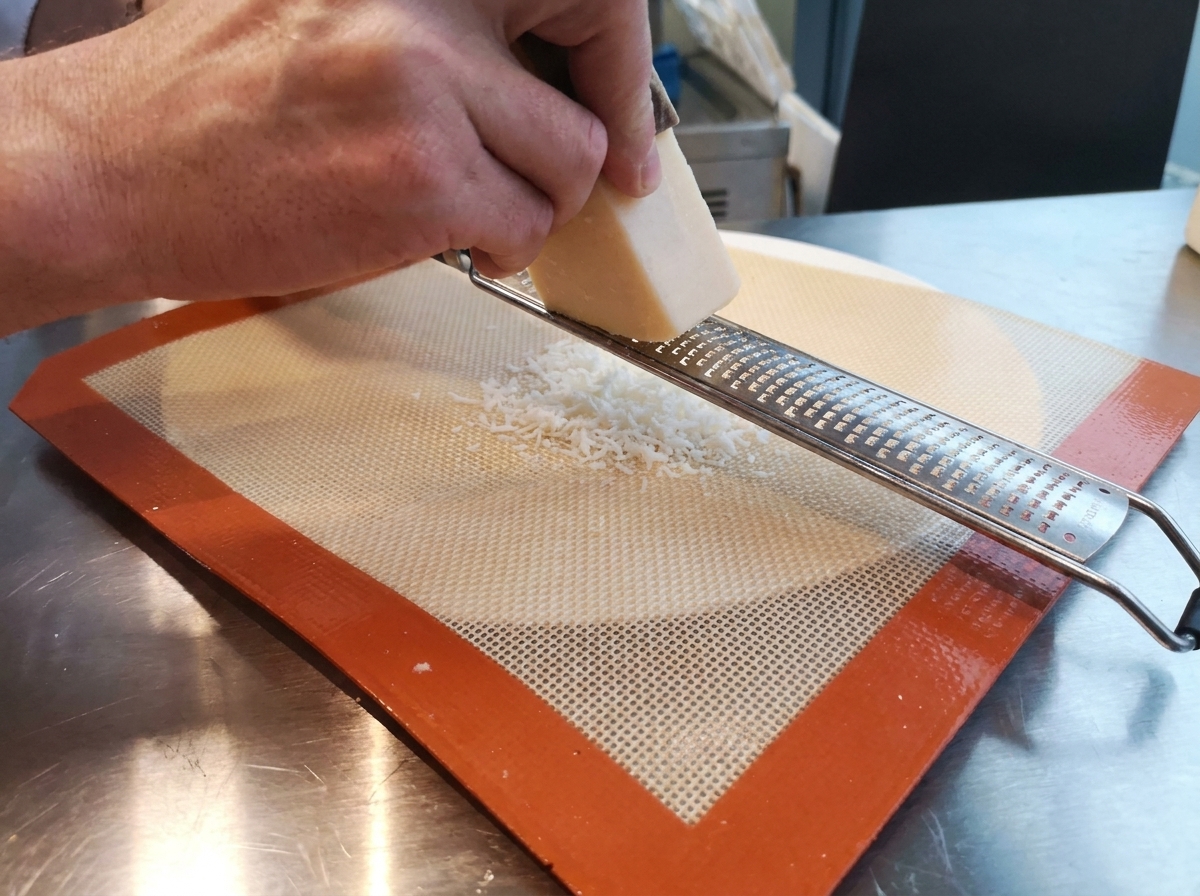 Mani che usano una piccola spatola per modellare il Parmigiano grattugiato in un rettangolo su un tappetino in silicone.
