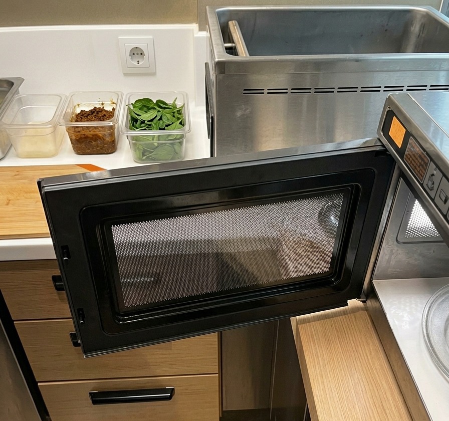 Un microonde professionale aperto accanto a un tagliere su un bancone da cucina.