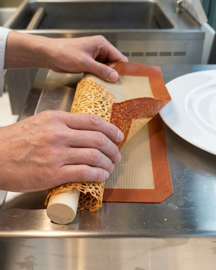 Mani che premono delicatamente una cialda di formaggio a rete attorno a un mattarello per modellarla.