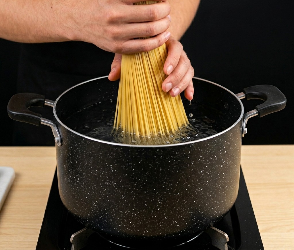 Mani che premono un mazzo di spaghetti in una pentola dacqua bollente.