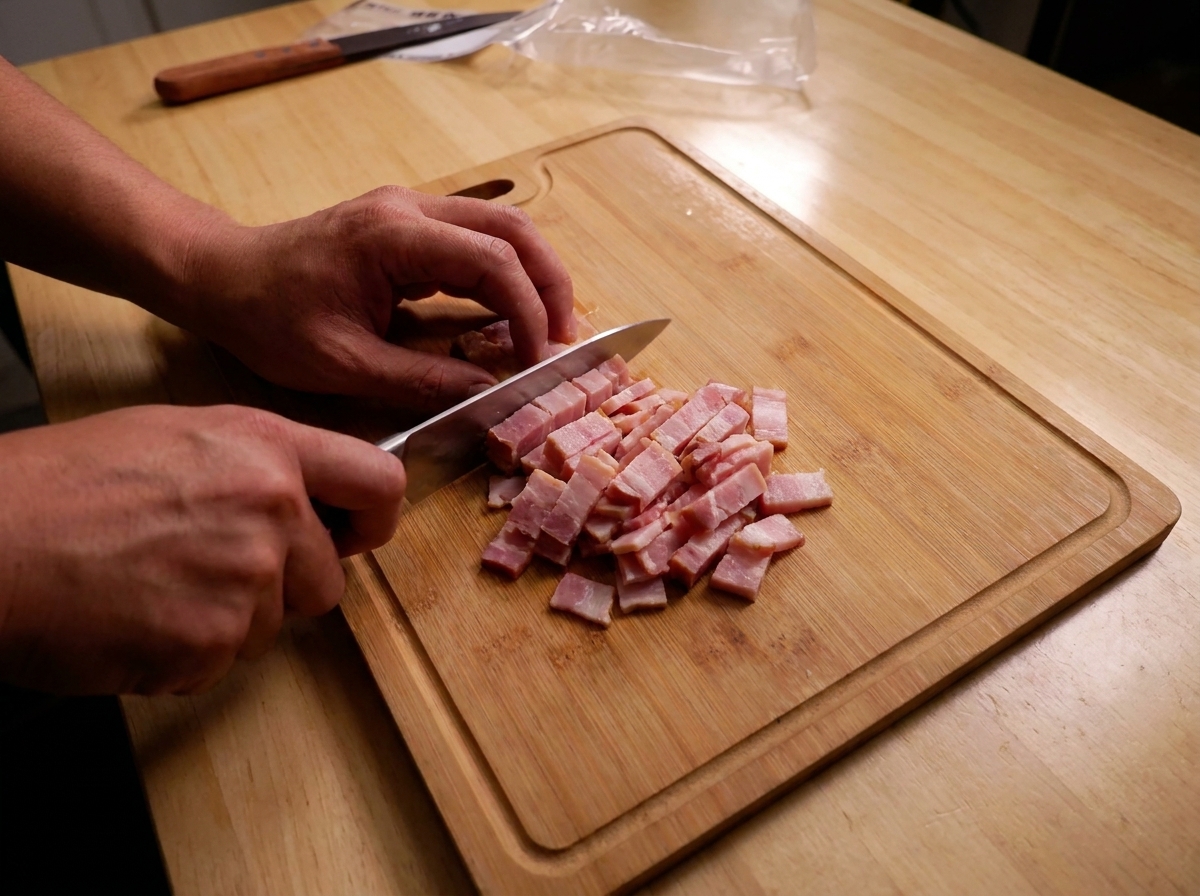 Mani che tagliano una fetta spessa di guanciale a cubetti su un tagliere di legno.