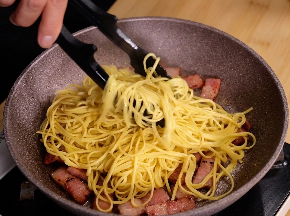 Pinze nere che saltano gli spaghetti caldi in una padella con pezzi di guanciale dorati.