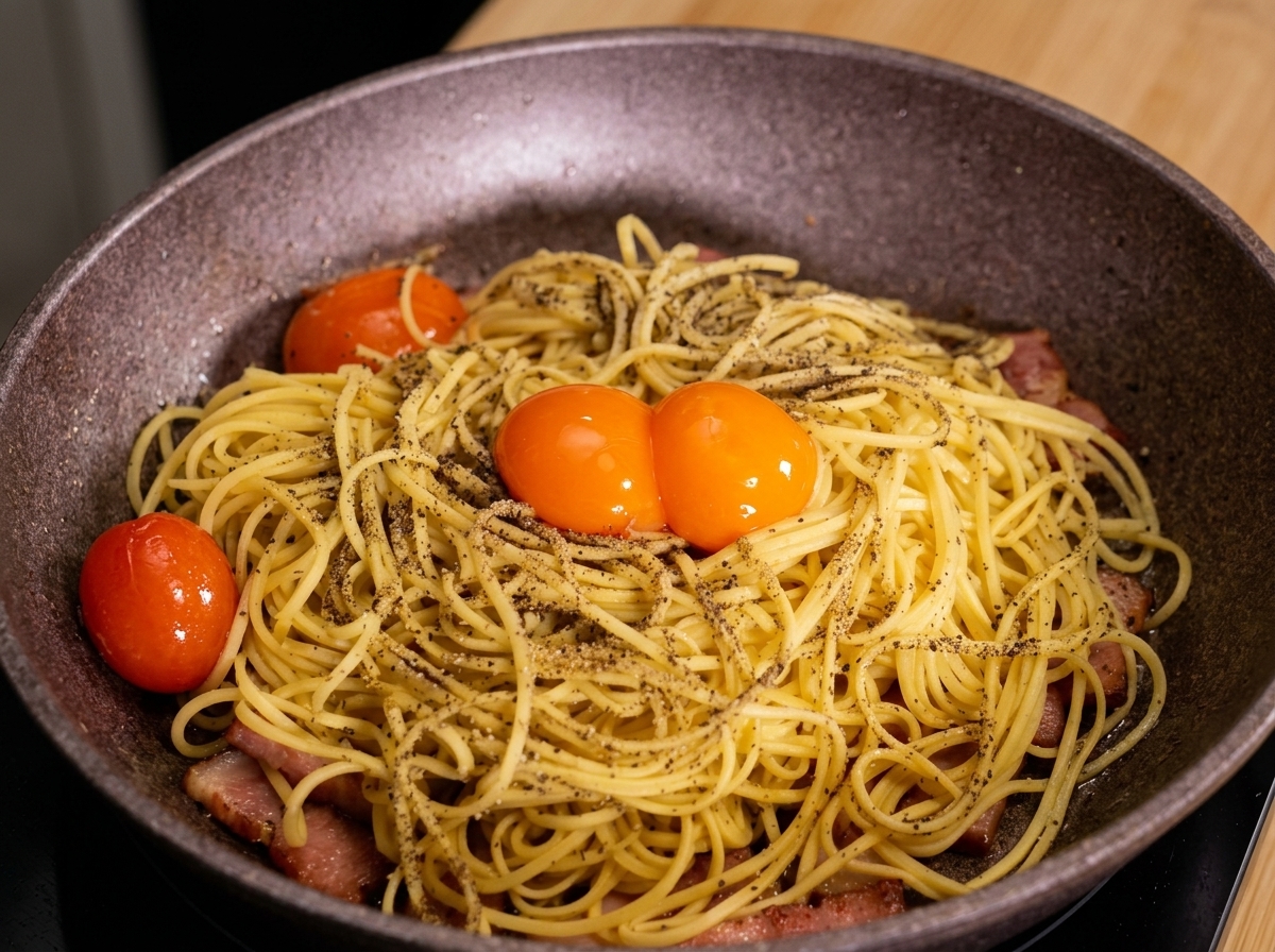 Due tuorli duovo brillanti adagiati sopra gli spaghetti pepati con guanciale in padella.