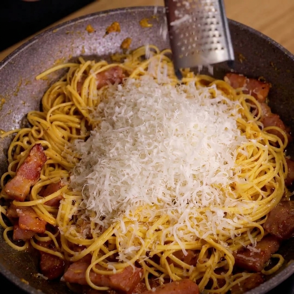 Grattugia metallica che fa cadere fiocchi di Parmigiano sulla pasta in padella.