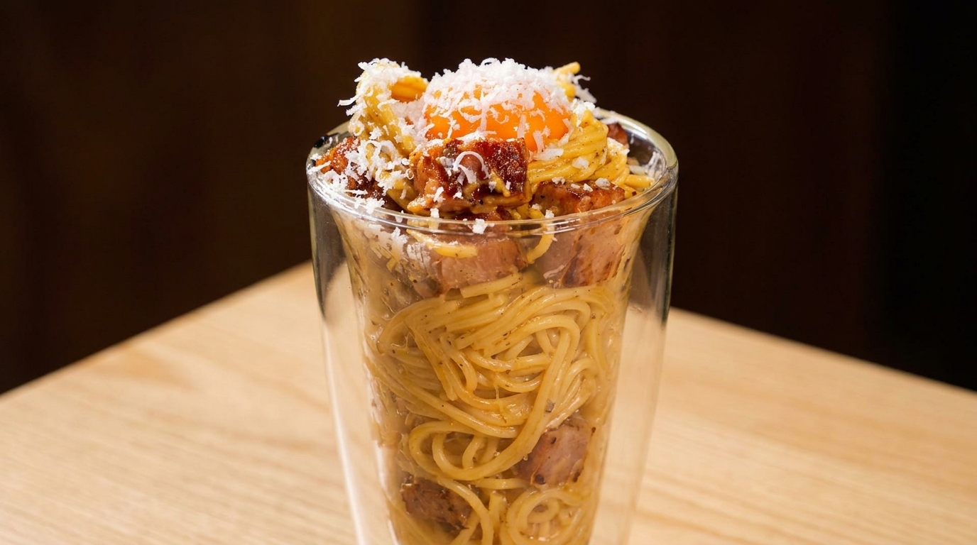Pasta con Crumble di Parmigiano (Carbonara nel Bicchiere)