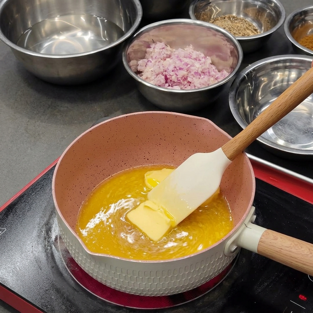 Un panetto di burro giallo che si scioglie in un pentolino rosa con una spatola in silicone.