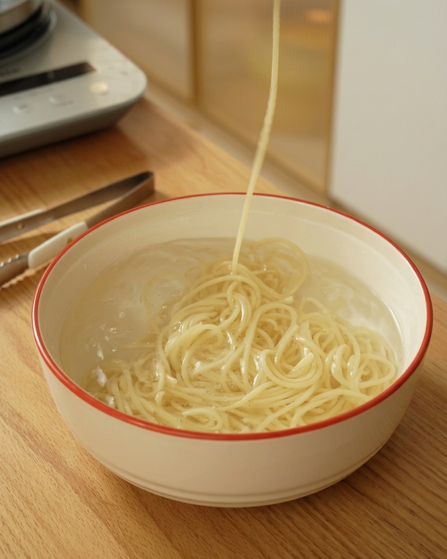 Sollevare gli spaghetti cotti da una ciotola bianca con acqua fredda.