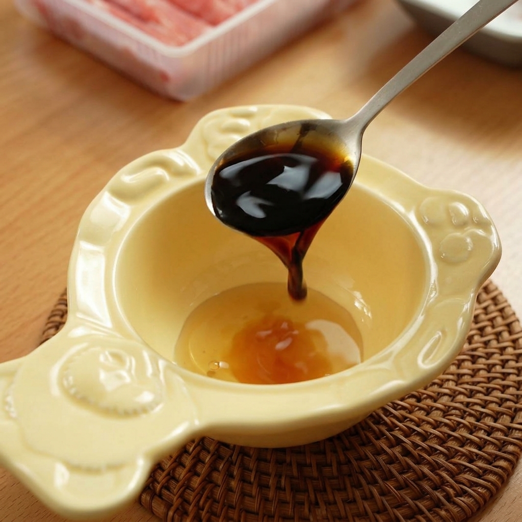Un cucchiaio che mescola una salsa scura in una ciotolina gialla.