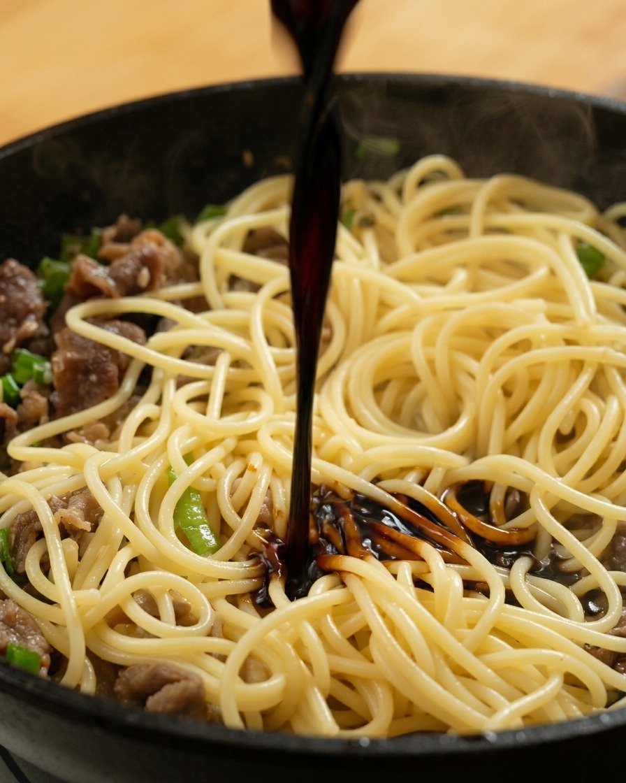 Versare la salsa scura sugli spaghetti e il manzo in padella.