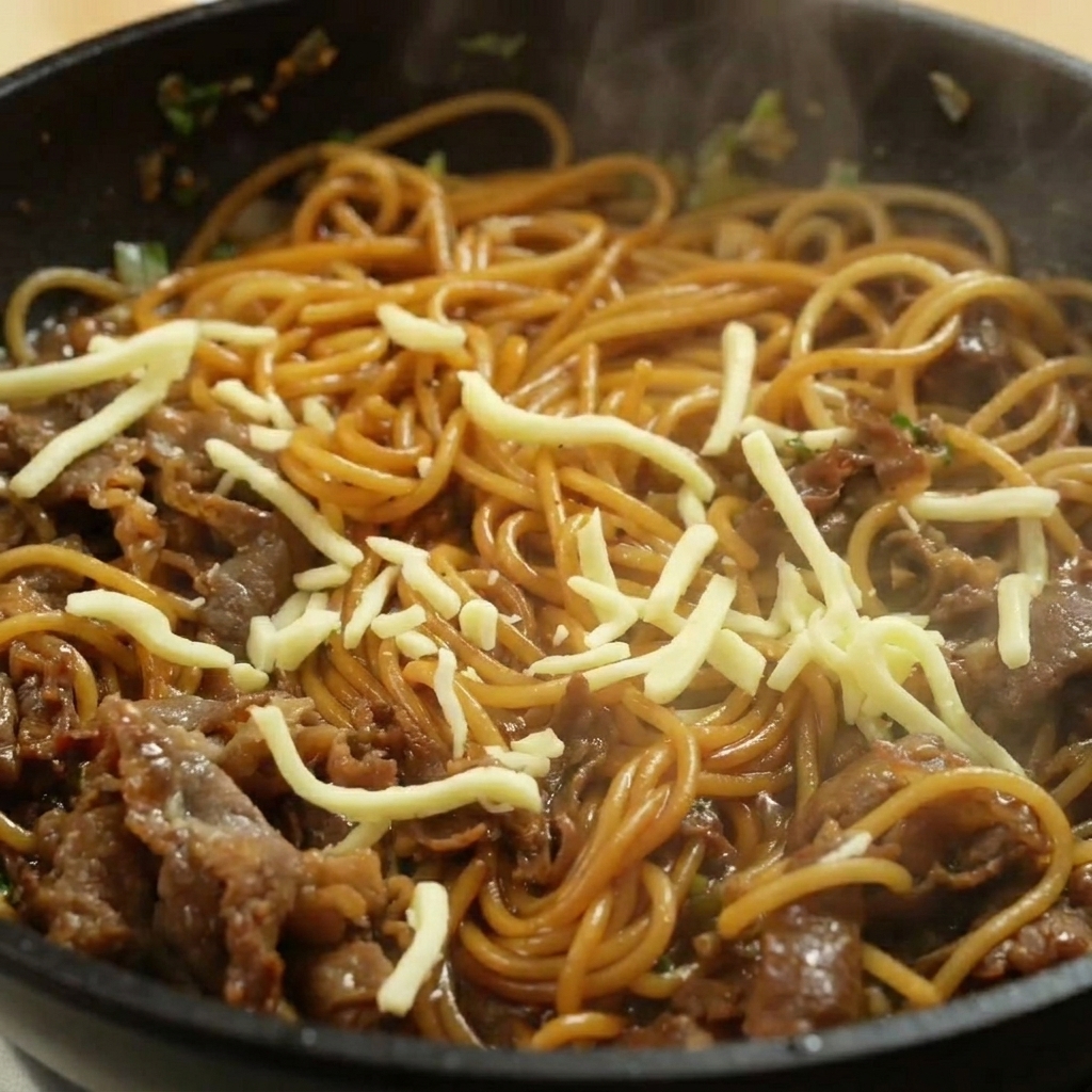 Mozzarella grattugiata che inizia a sciogliersi sopra gli spaghetti saltati.