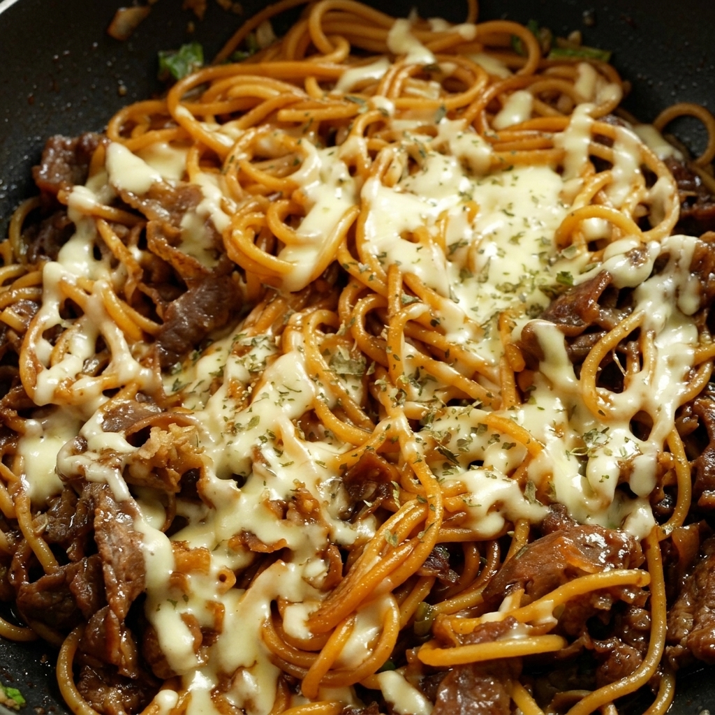 Mozzarella fusa su spaghetti saltati, guarniti con prezzemolo.