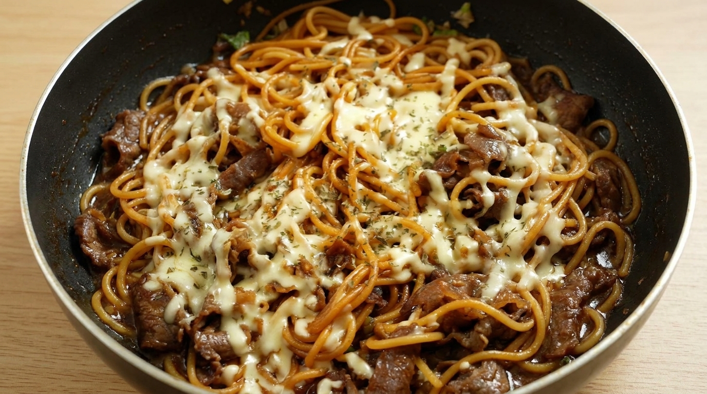 Spaghetti Saltati con Manzo e Mozzarella Filante