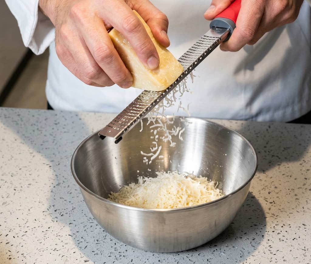 Mani che tengono un pezzo di Parmigiano e lo grattugiano con una microplane in una ciotola di acciaio inox.