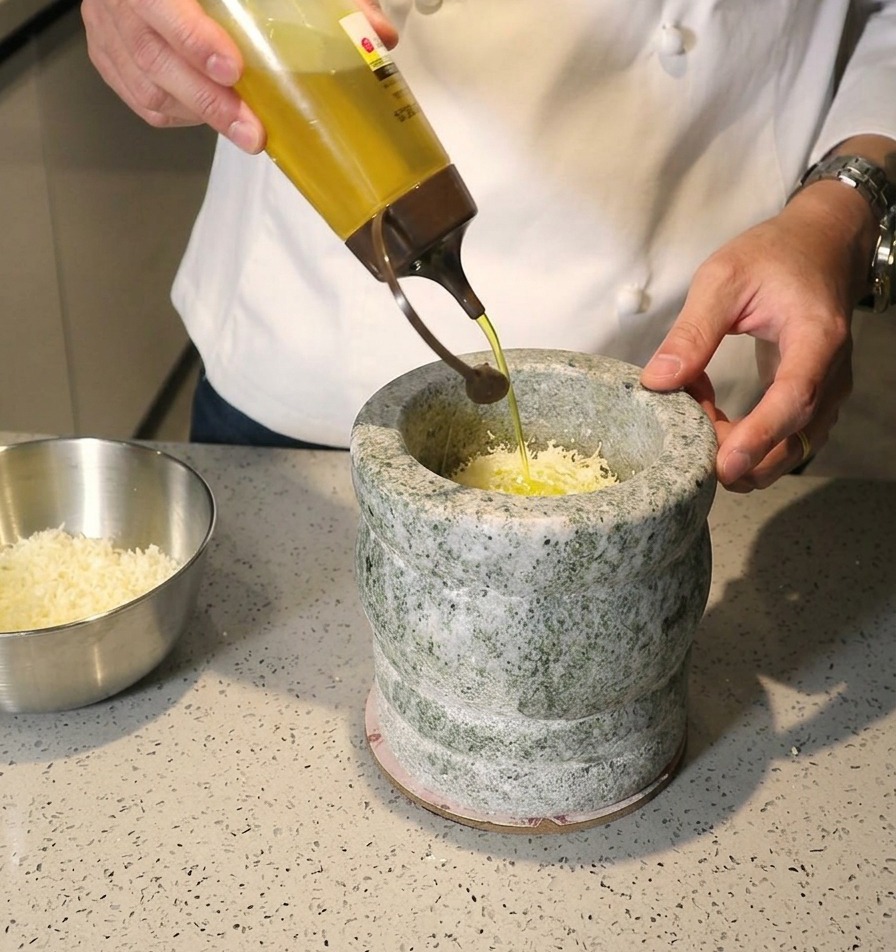 Chef che versa olio doliva da una bottiglia dosatrice in un mortaio di pietra pieno di formaggio e aromi.