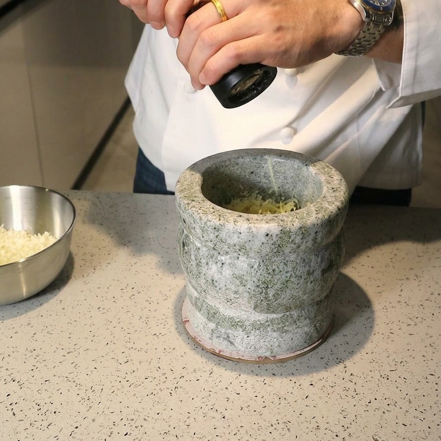 Mani di uno chef che macinano pepe nero con un macinino sopra un mortaio di pietra pieno di ingredienti.
