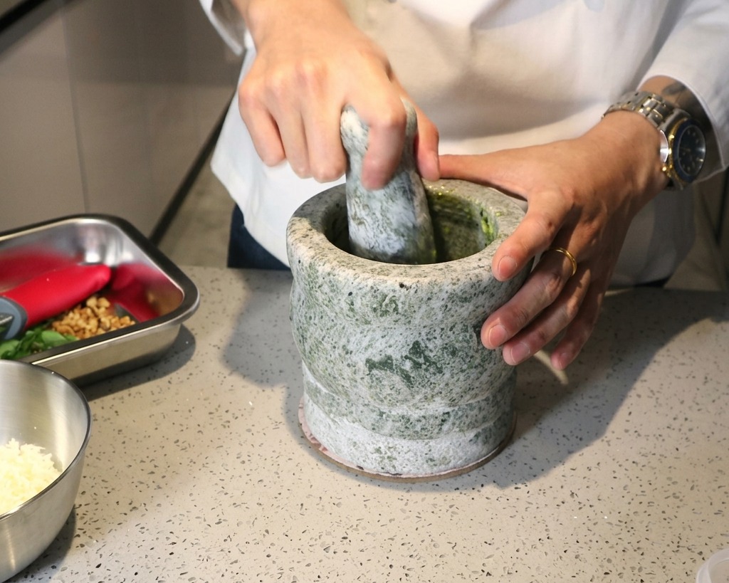 Persona che usa un mortaio e un pestello di pietra per ridurre gli ingredienti in una pasta di pesto verde.