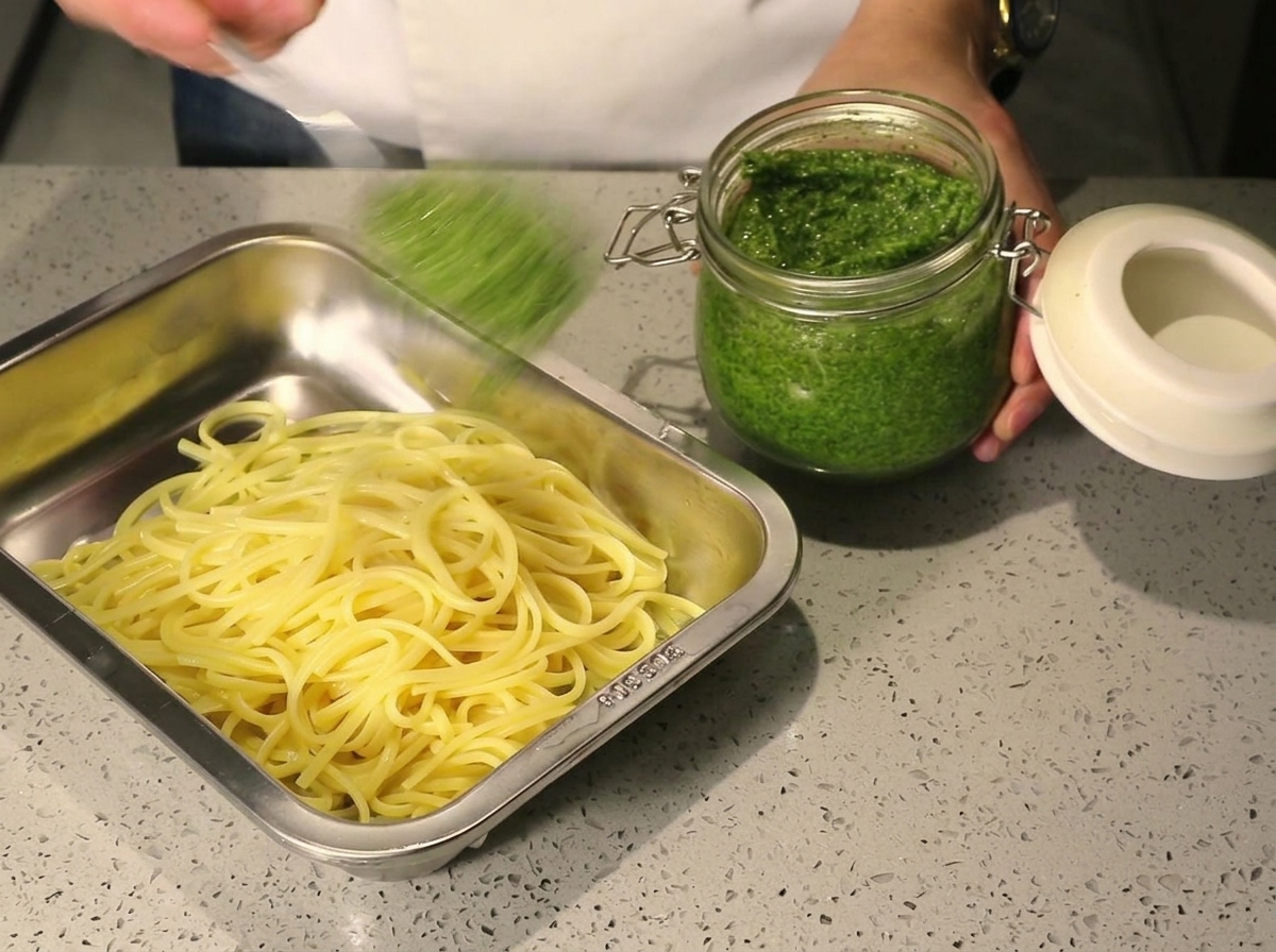 Un grosso cucchiaio di pesto verde brillante prelevato da un barattolo e versato su spaghetti cotti in un vassoio.