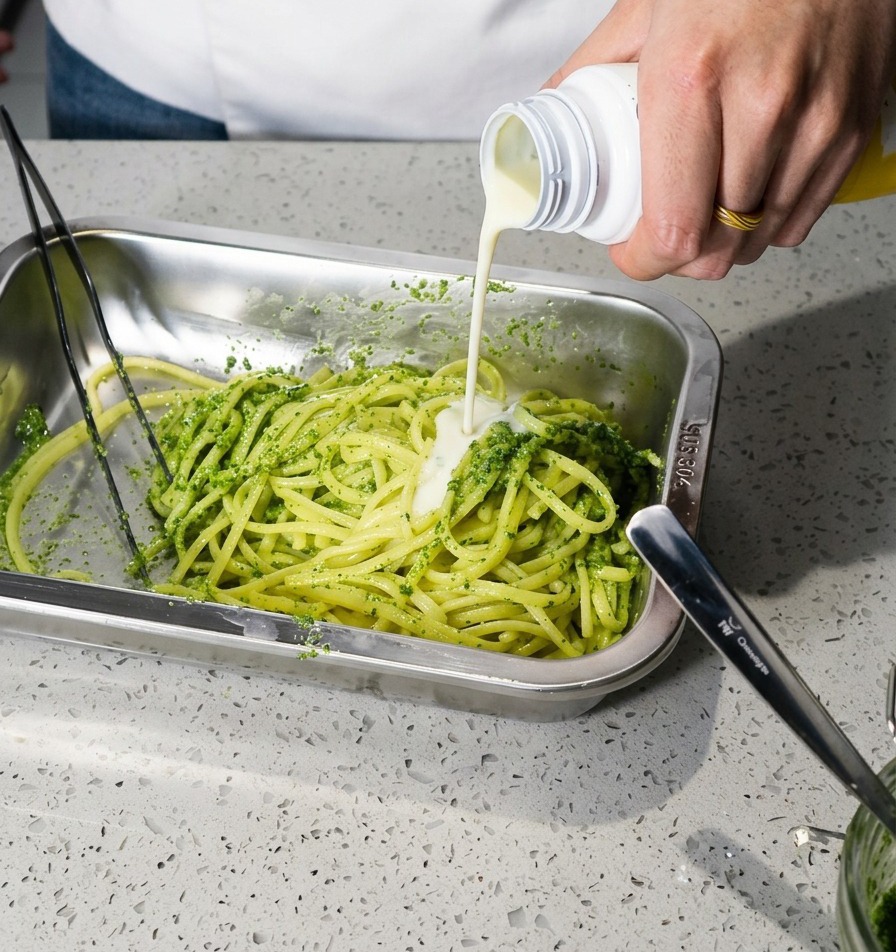 Mano che versa yogurt bianco al gusto formaggio da una bottiglietta su spaghetti conditi con pesto verde.