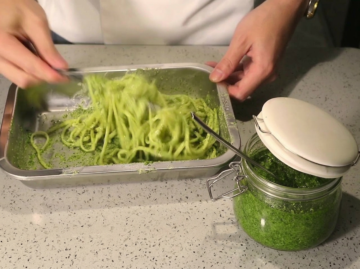 Mani che saltano energicamente spaghetti e pesto verde in un vassoio di metallo fino a coprirli completamente.