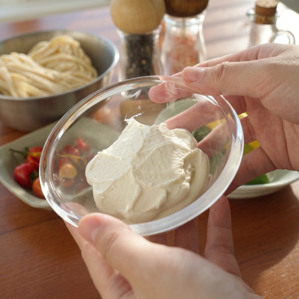 Mani che tengono una ciotola di vetro piena di ricotta bianca e cremosa.