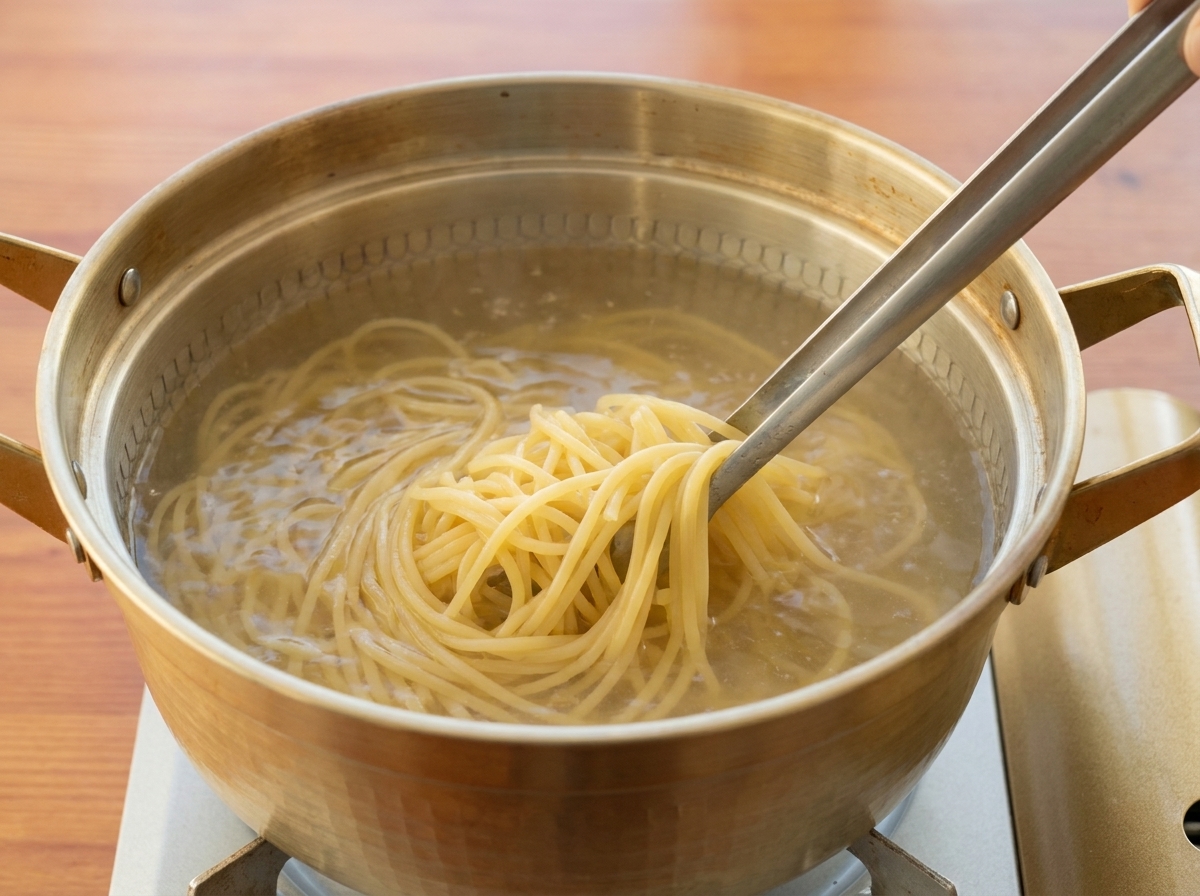 Spaghetti che bollono vigorosamente in una pentola dacciaio, mescolati con una pinza da cucina.