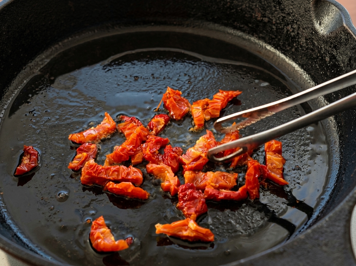 Pomodori secchi tritati che soffriggono nellolio caldo allinterno di una padella.