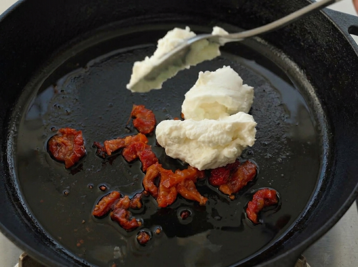 Aggiunta di cucchiaiate di ricotta in padella con i pomodori secchi.