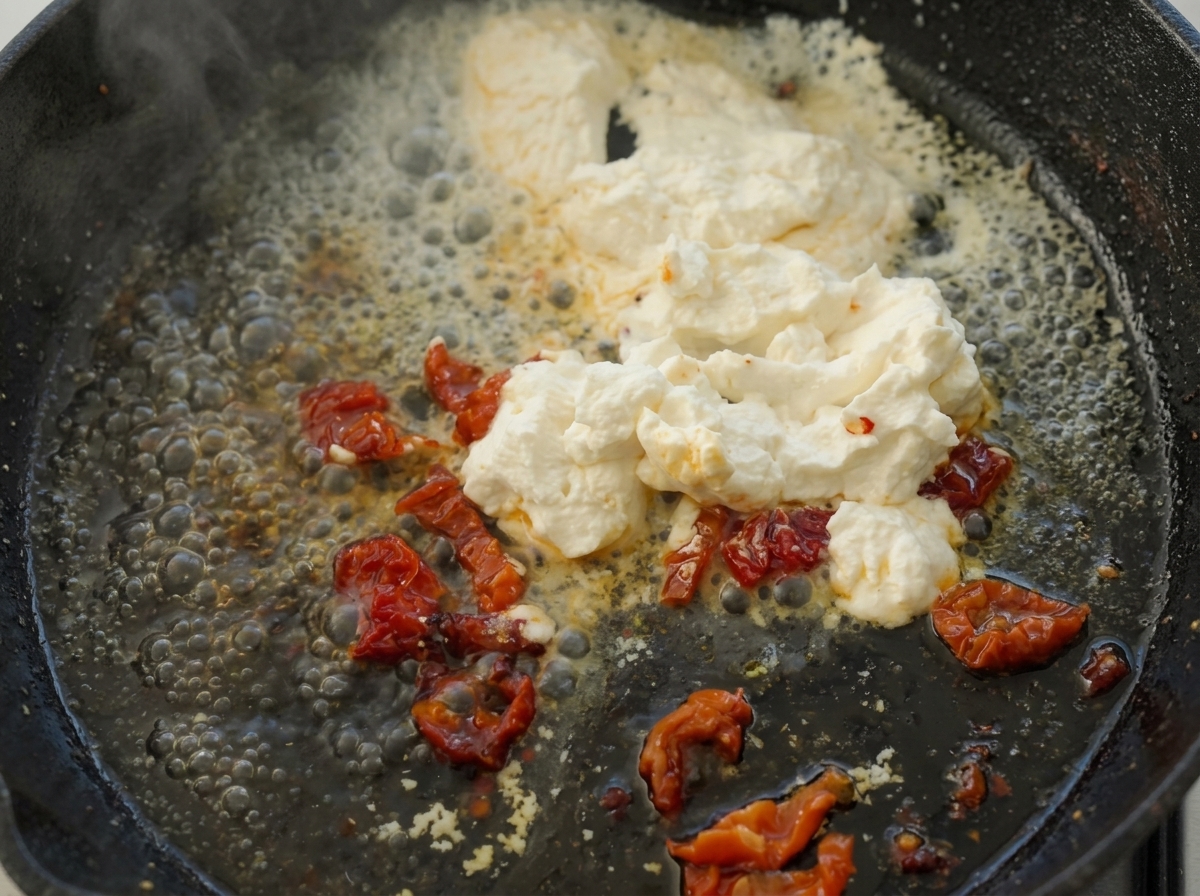 Ricotta che si scioglie e si amalgama ai pomodori secchi in una padella che sobbolle.