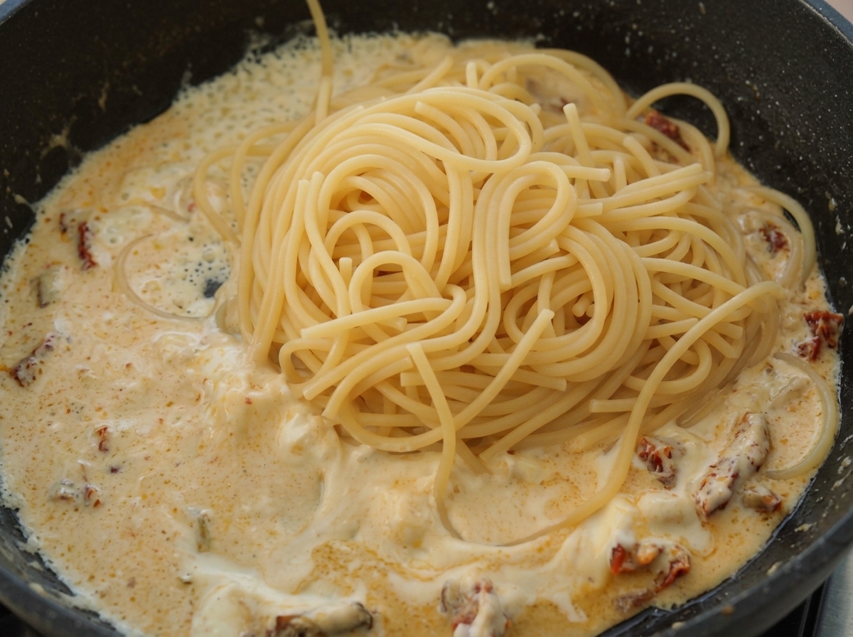 Spaghetti cotti appena aggiunti alla crema di ricotta in padella.