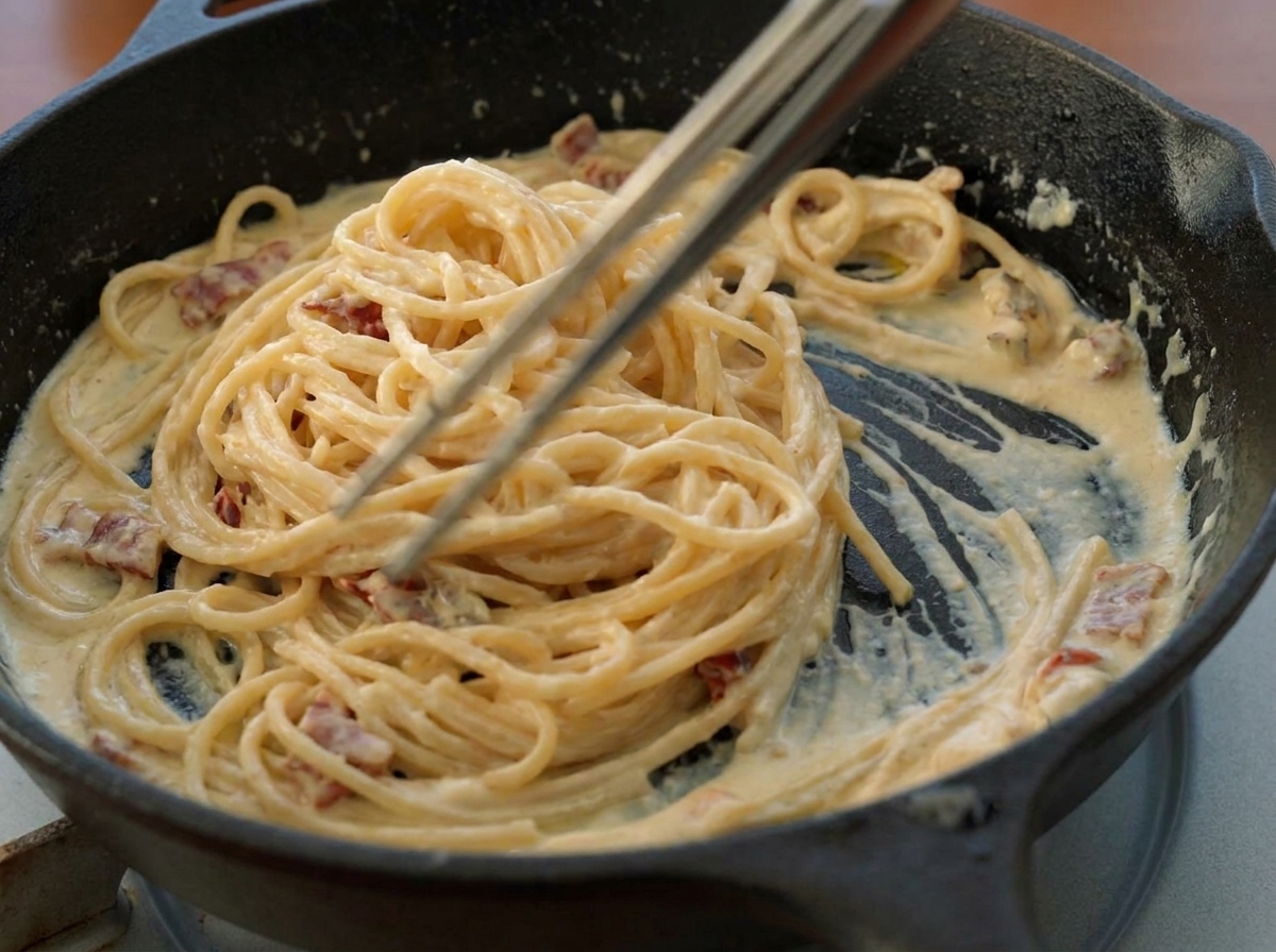 Mantecatura degli spaghetti con la salsa cremosa usando le pinze.