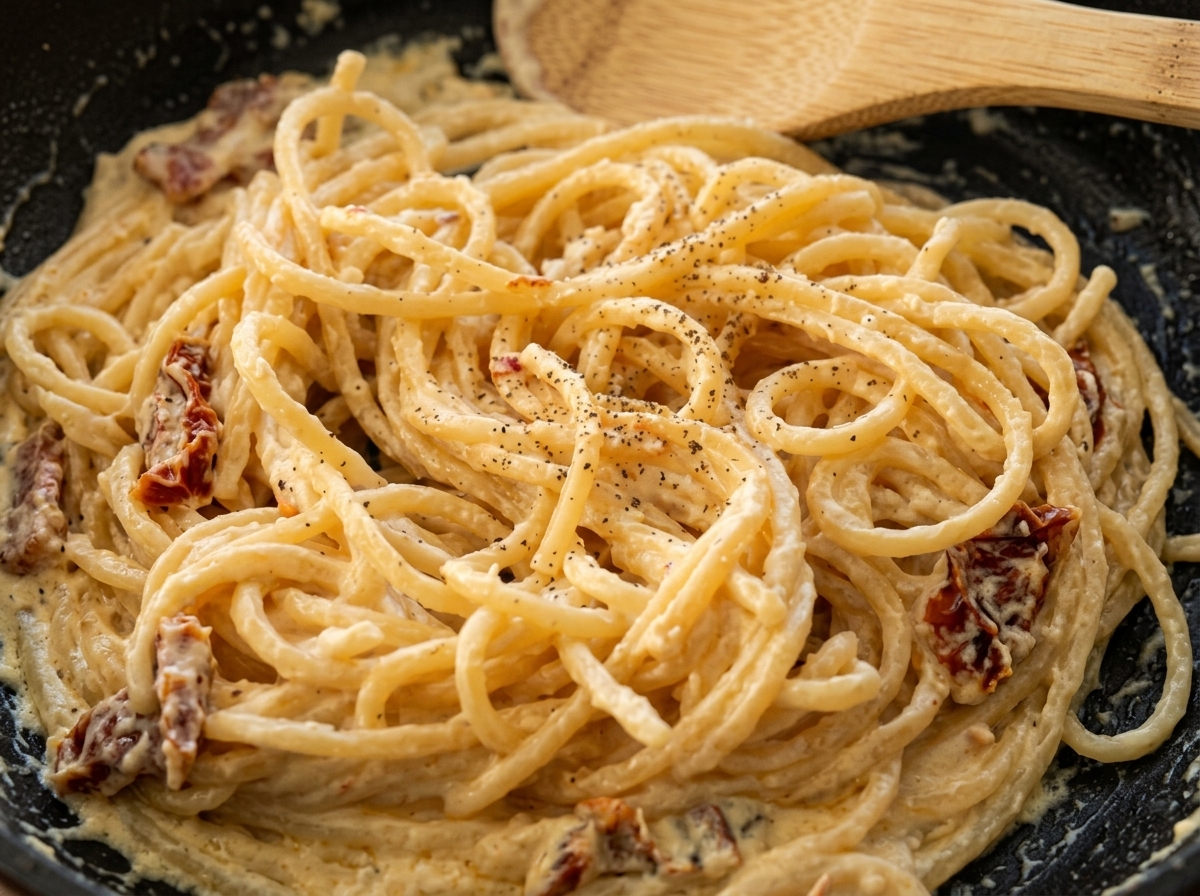 Dettaglio di spaghetti cremosi con una spolverata di pepe nero macinato fresco.